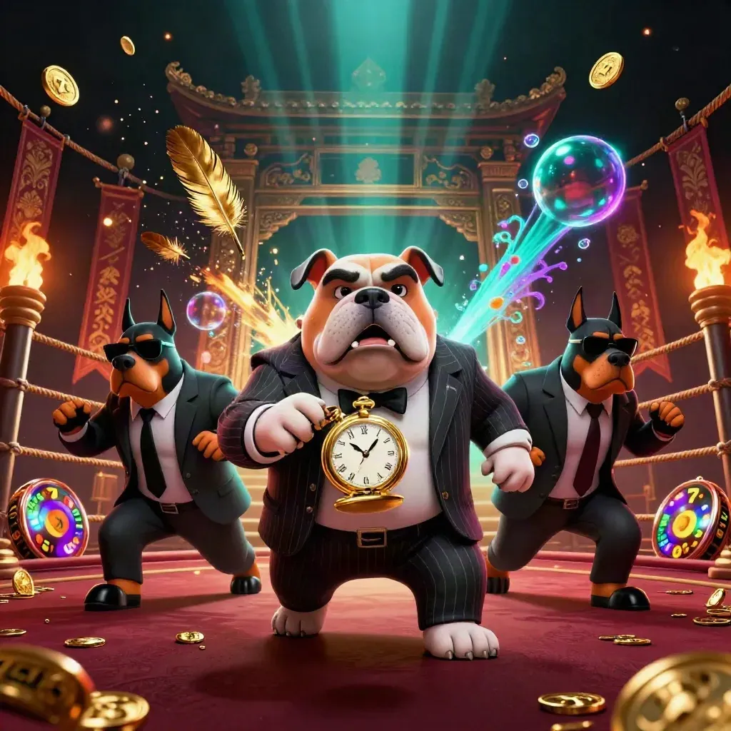 Bulldog boss and Doberman bodyguards burst through a temple gate amid gold, neon, and casino icons.