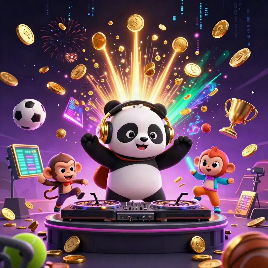 DJ panda, monkey, and rave kitten surrounded by coins, sports balls, trophy, and neon casino effects