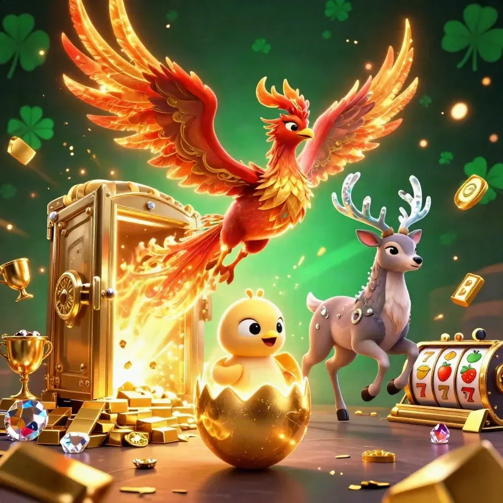 Phoenix, baby phoenix, and crystalline stag burst from a gold vault amid gems and emerald light.