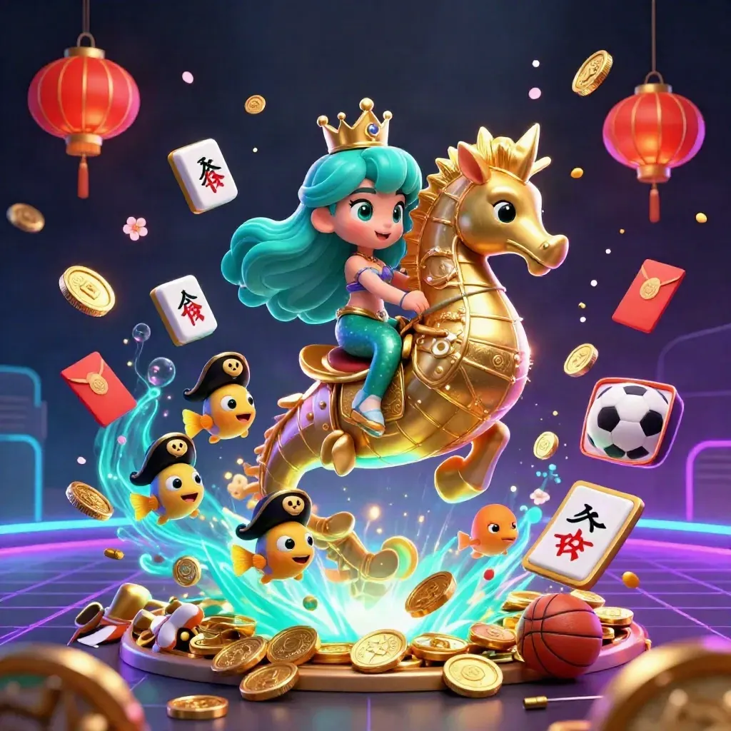 Mermaid princess on armored seahorse amid casino treasure, coins, lanterns, fireworks, and sports odds