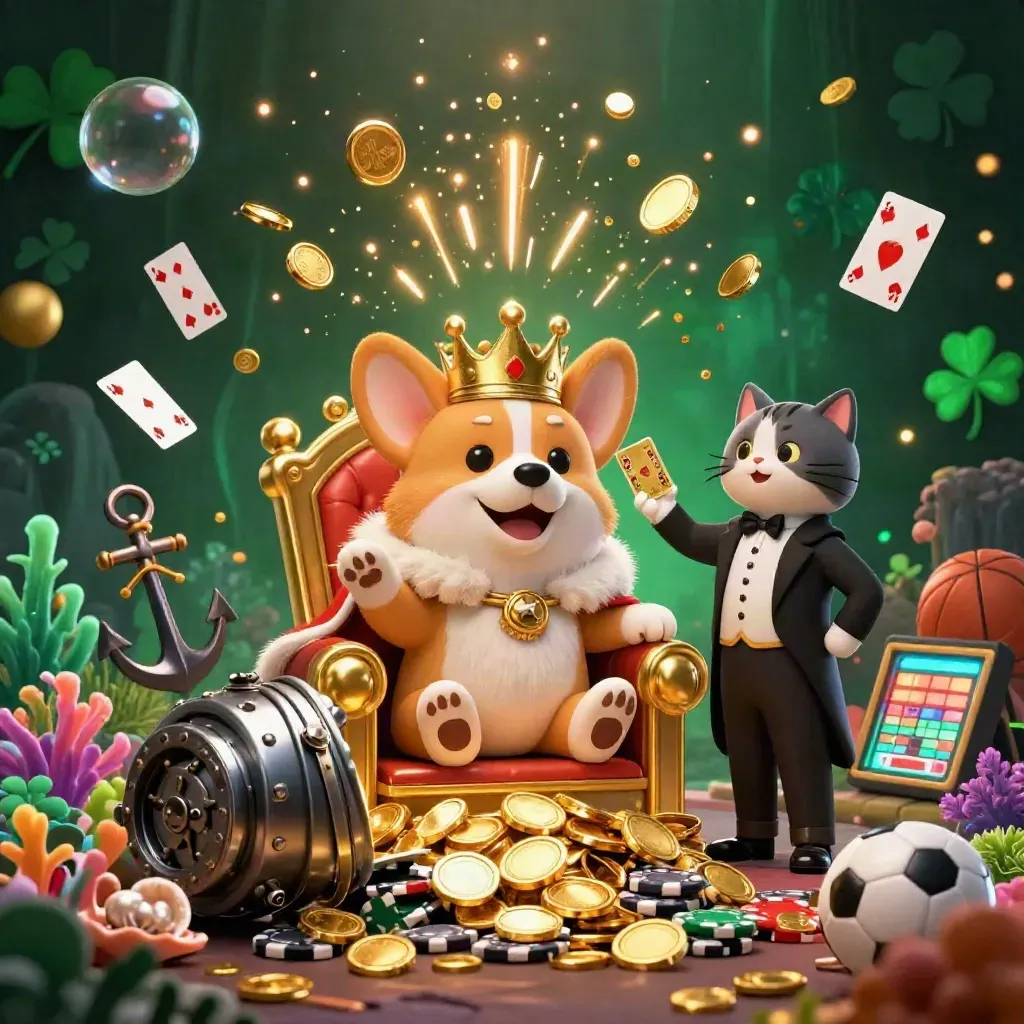 Royal corgi and cat butler amid exploding coins, coral, chips, and casino props
