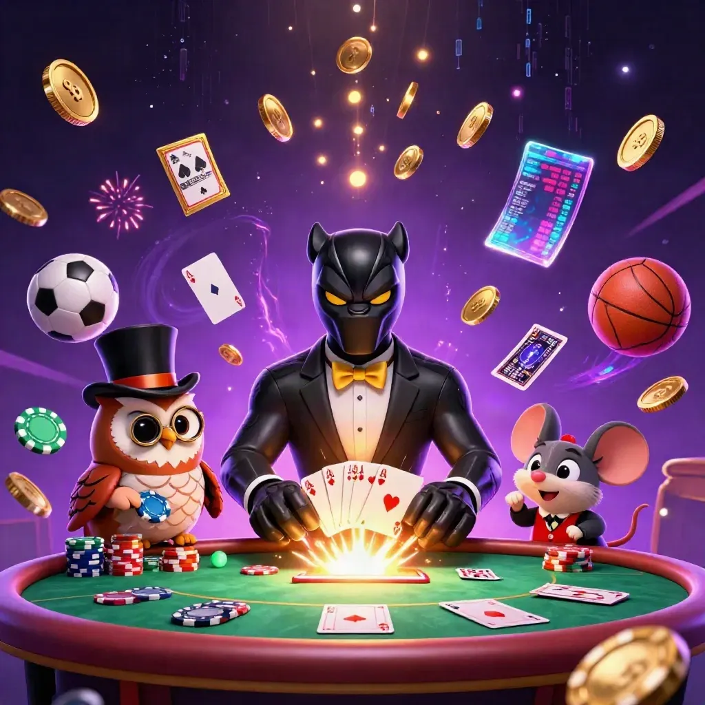 Black panther, owl, and mouse celebrate amid coins, cards, and neon casino energy
