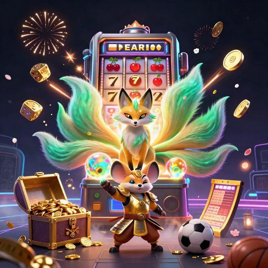 Nine-tailed fox spirit and armored mouse amid bursting slots, gold, coins, and neon fireworks.