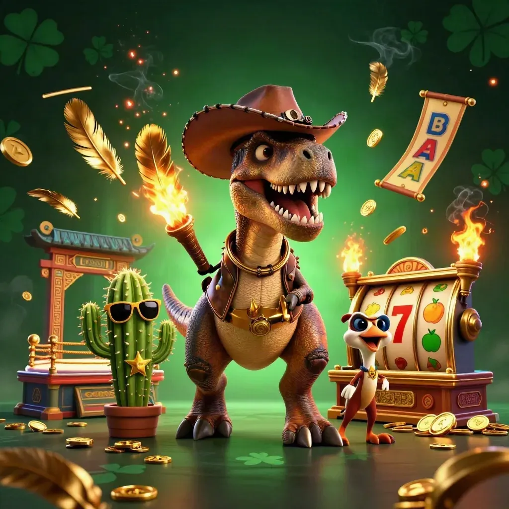 Cowboy T-Rex, cactus sidekick, and roadrunner in a neon casino action splash with coins, reels, and fire.