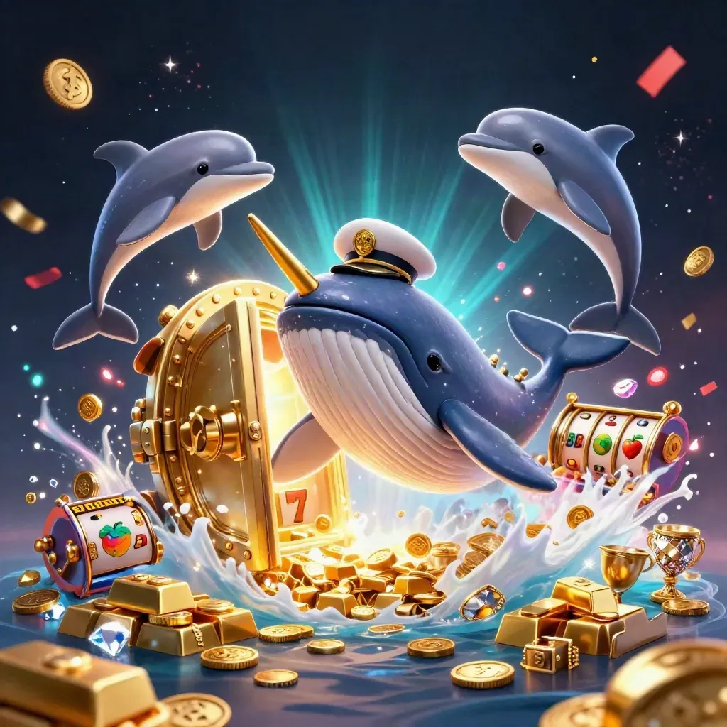 Captain whale and narwhal burst through coins with dolphins, vault light, gems, and casino effects.