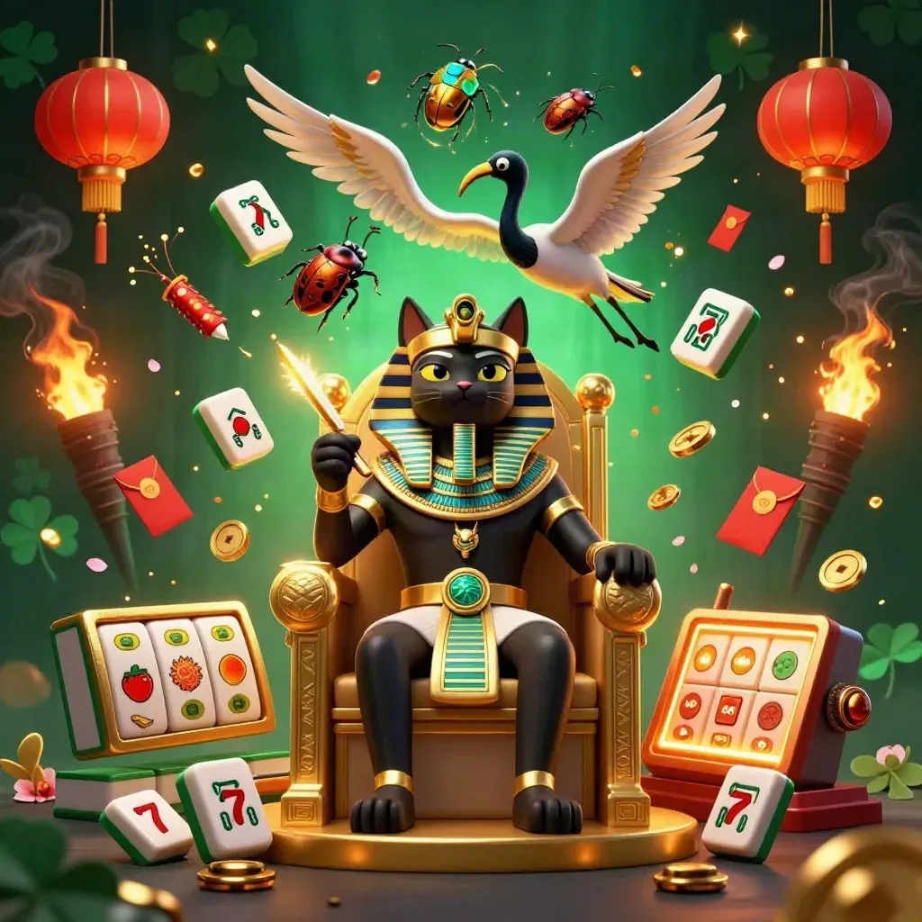 Pharaoh cat on throne with ibis scribe, scarabs, casino symbols, neon emerald glow.