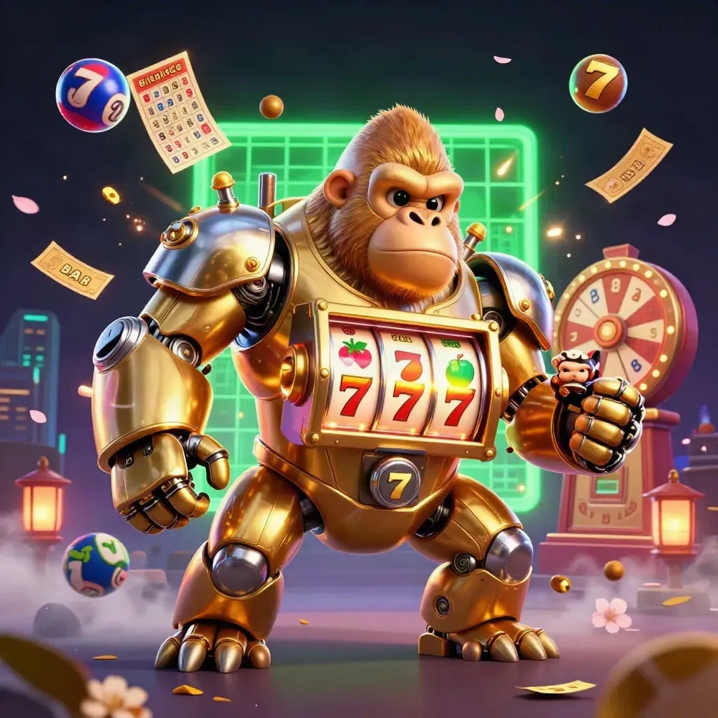 Golden gorilla slot mech with monkey pilot, reels, lottery balls, prize wheel, neon casino effects.