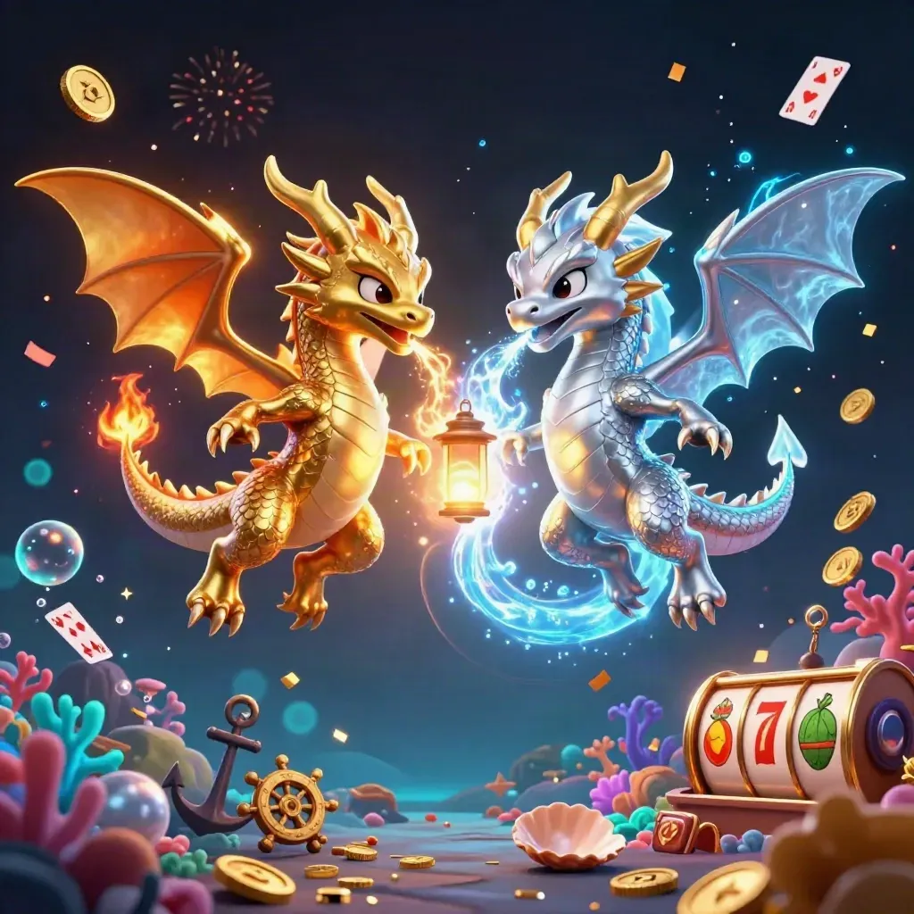 Gold and silver dragons orbit a lantern spirit amid coins, reels, coral, and neon casino sparks.