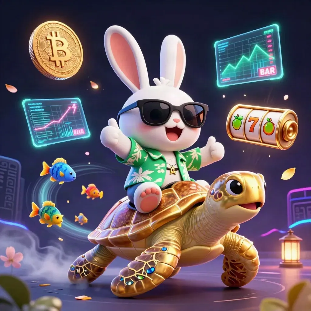 Rabbit on a golden turtle with coins, neon effects, fish, and casino symbols in a dark cyber background.