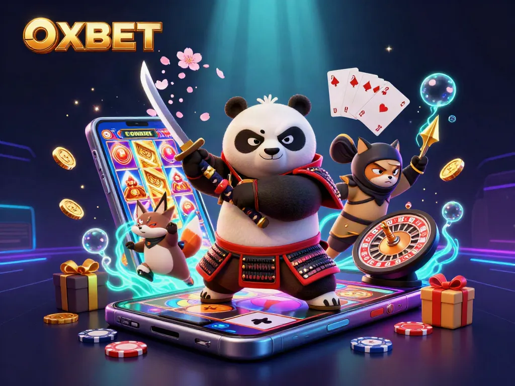 Engage in OXBET's thrilling casino adventure with a vibrant 3D illustration showcasing samurai, fox, and magical elements.