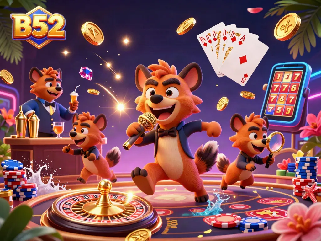Experience the vibrant atmosphere of B52 Casino with hyenas perfecting their roles in an exciting scene.