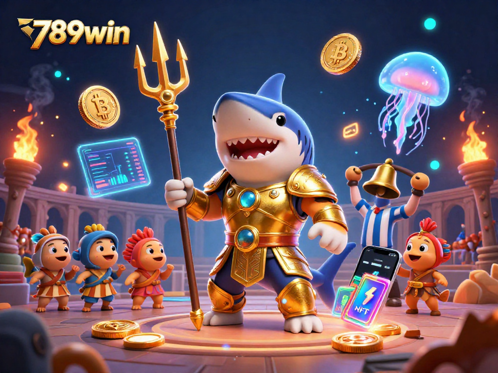 Experience 789win's vibrant underwater casino action with a fierce shark and glowing crypto elements.