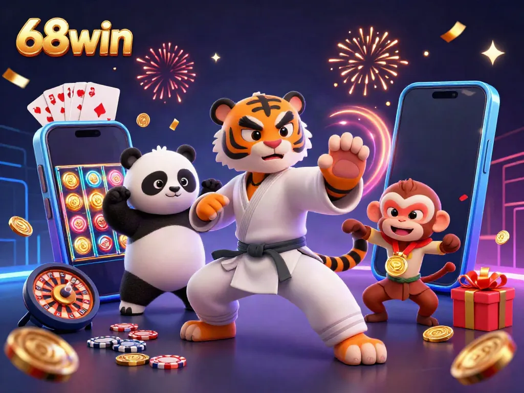 Experience the excitement of 68win with kung fu characters amidst vibrant casino games and cash rewards.