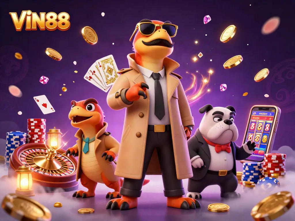 Experience the thrill of casino games at VIN88 with cartoon raptors in a trench coat and a bouncer.