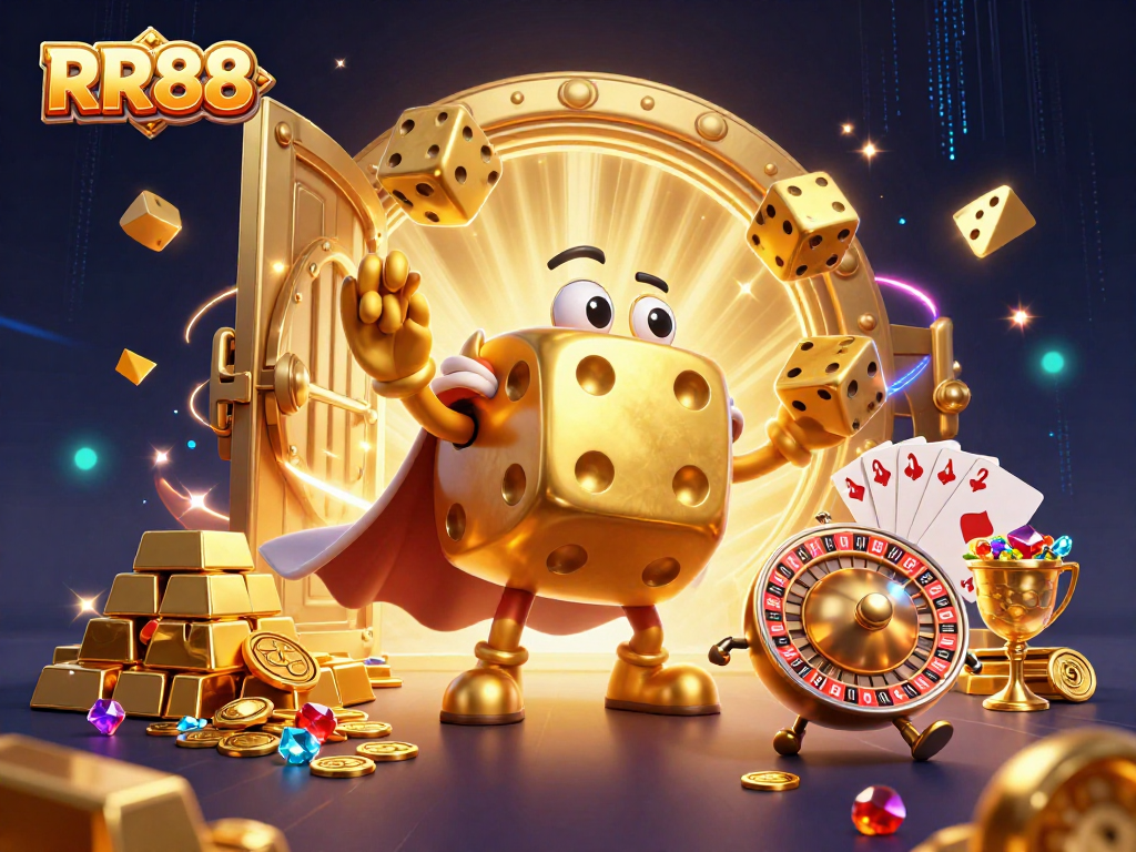 Experience thrilling gameplay at RR88 with a dynamic casino-themed 3D illustration showcasing golden dice and vibrant elements.