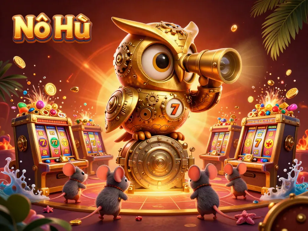 Play Nổ Hũ with a golden owl mascot, jackpot counters, and vibrant slot machines.