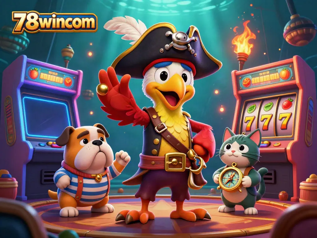 Experience vibrant casino action with 78wincom featuring a pirate captain, a bulldog, and a cat navigator.