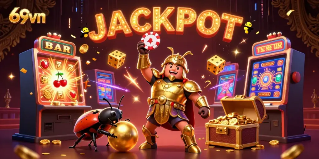 Engage with the vibrant world of 69vn as a heroic beetle lifts a poker chip amid a jackpot explosion, symbolizing winning