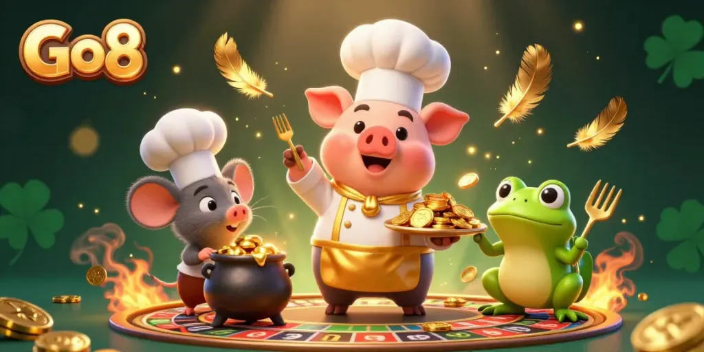 Go8 illustration featuring chef pig serving gold coins, with roulette and atmospheric effects.