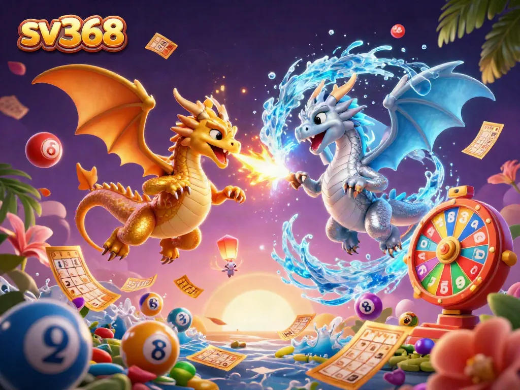 Engage with sv368's lively scene featuring golden and silver dragons amidst lottery elements and vibrant energy.