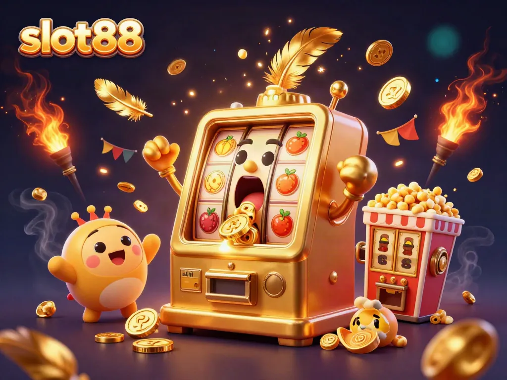 Experience the excitement of slot88 with a golden slot machine jackpot bursting coins in a festive casino scene.