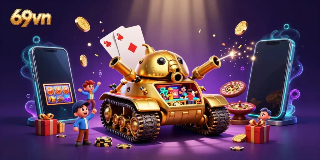 Experience the lively 69vn casino adventure with a vibrant 3D digital scene full of games, excitement, and rich details.