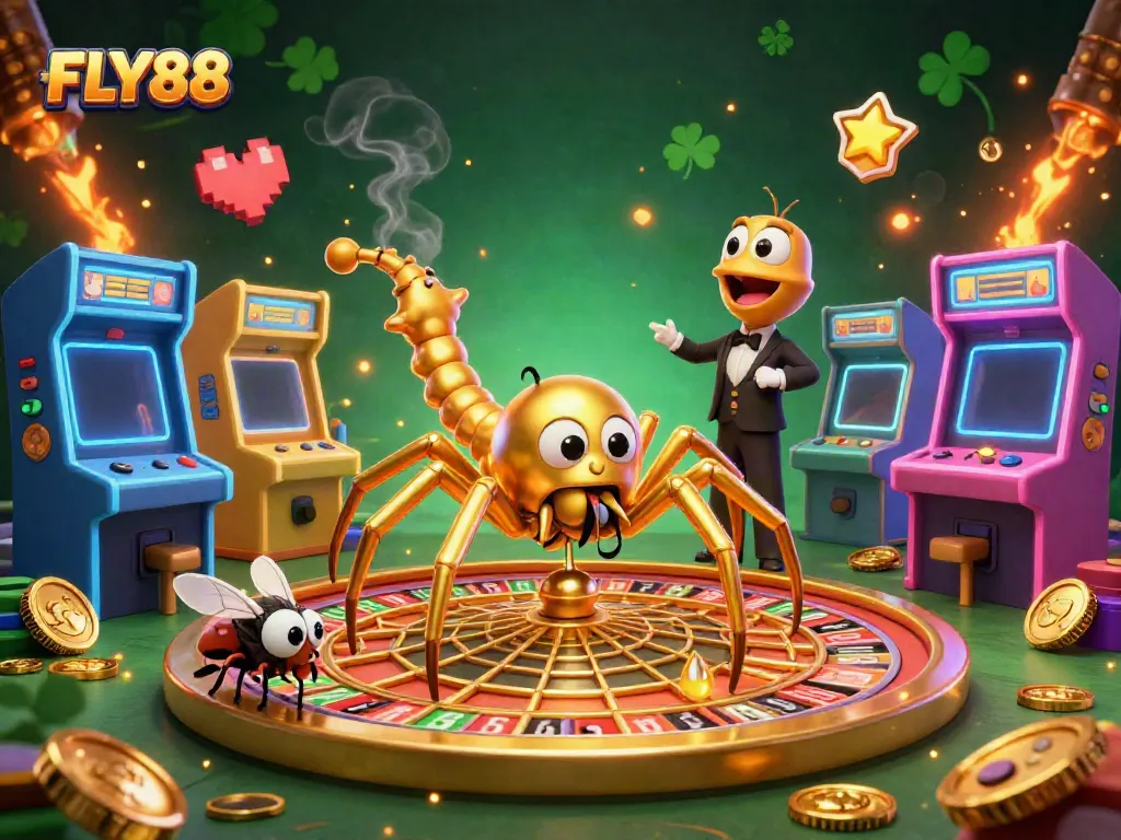 FLY88 features a golden spider and centipede croupier in a vibrant gambling scene showcasing excitement and casino fun.