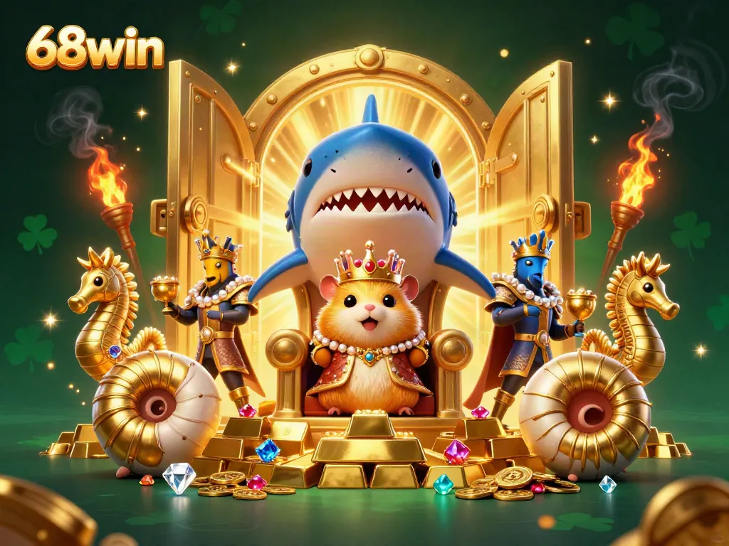 Experience the thrill of gaming at 68win with a golden hamster king ruling over treasures in a vibrant casino world.