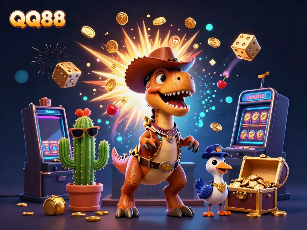 Engage with QQ88's dynamic gaming world featuring an animated T-Rex, jackpot elements, and vibrant casino visuals.
