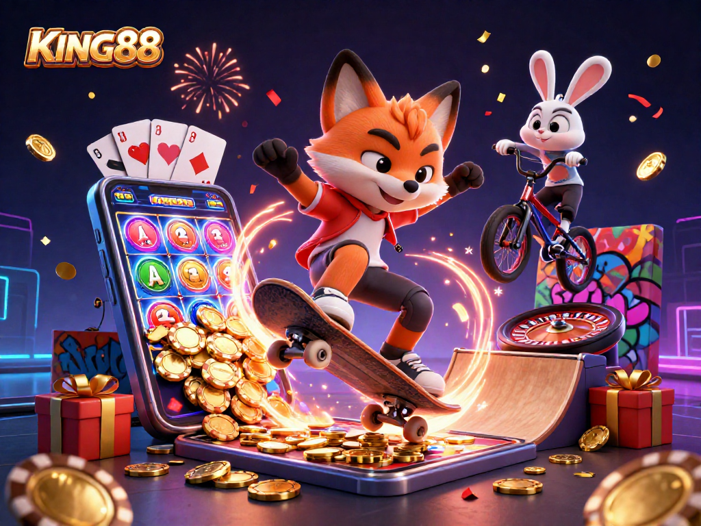 Experience KING88 excitement with a vibrant scene of a skateboarder fox and BMX rabbit in a casino environment.
