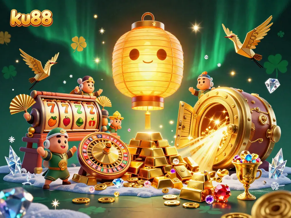Join the excitement at ku88 with vibrant game elements and golden treasures in a stunning casino illustration.