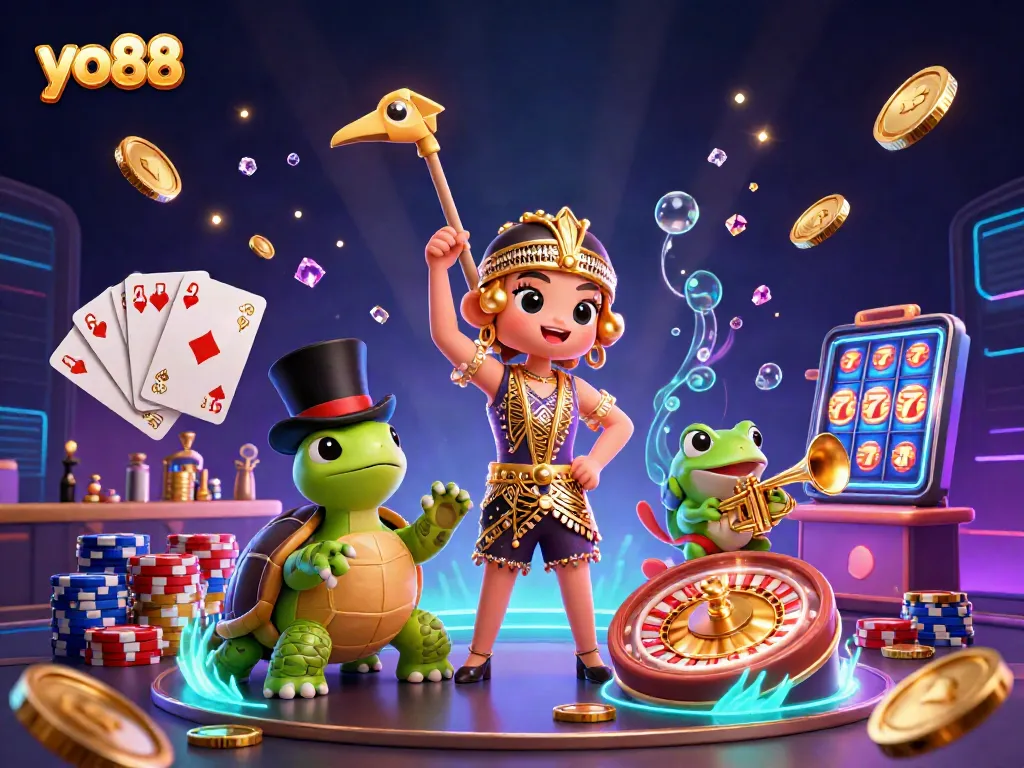 Experience thrilling yo88 games with colorful characters and casino elements in this vibrant illustration.