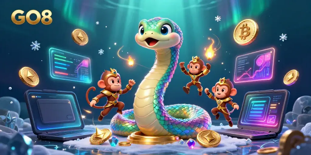 Engage in thrilling gameplay with GO8 as a vibrant serpent and monkey king amidst blockchain and crypto-themed elements.