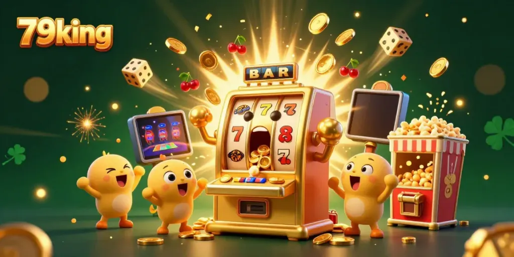 Watch 79king's golden slot machine celebrate a jackpot explosion with coins and cheering machines in a vibrant casino scene.