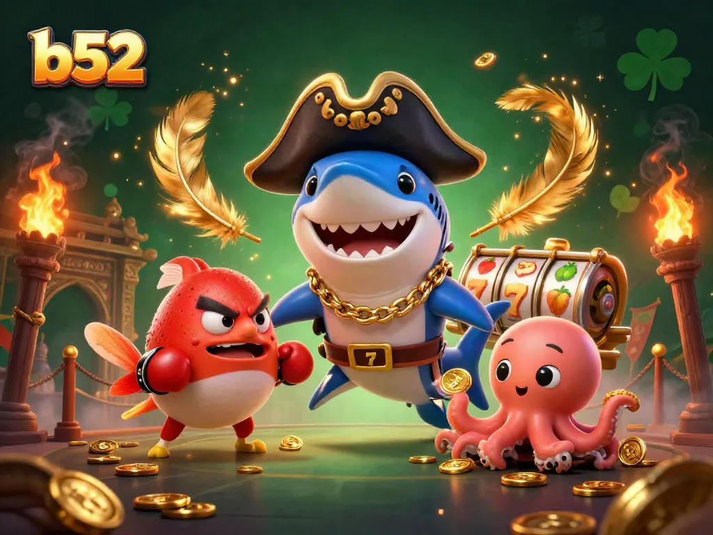 Engage with the thrilling b52 casino adventure featuring a shark, pufferfish, and octopus amidst dynamic gaming elements.