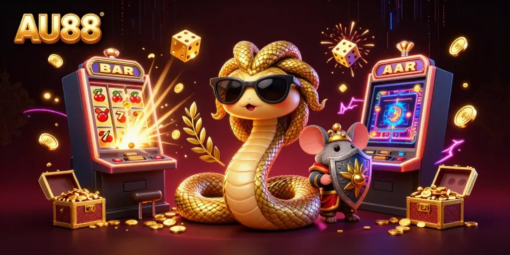 Spin the reels of AU88 with a playful Medusa and warrior mouse amidst jackpot coins and vibrant casino elements.