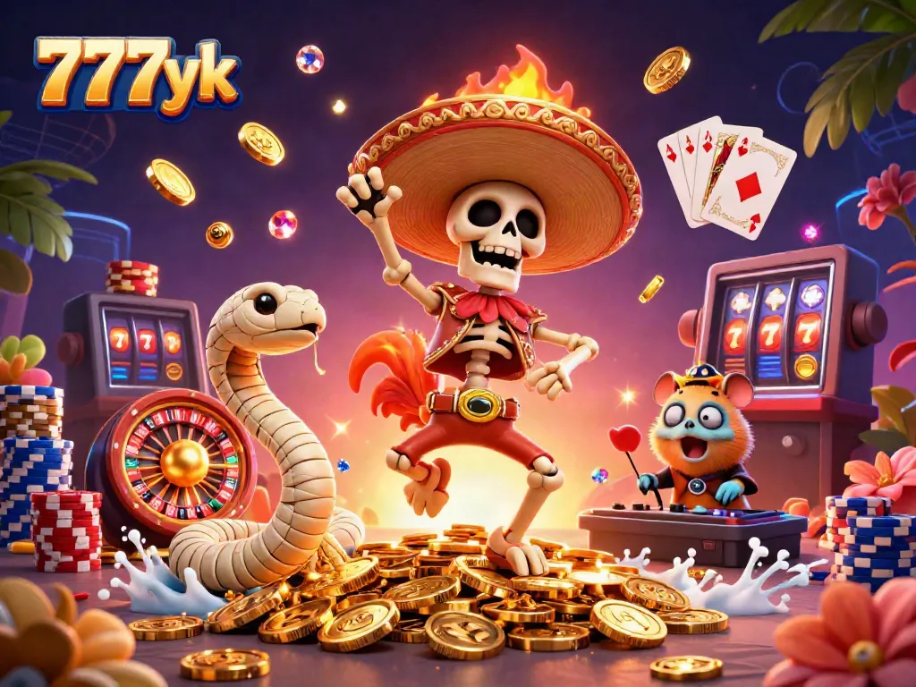 Engage in thrilling gaming adventures with 777yk, featuring cartoon characters amid dynamic casino elements.