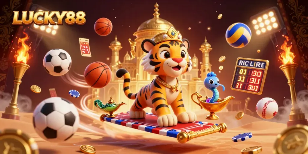 Experience LUCKY88's vibrant casino atmosphere with animated characters and dynamic elements representing sports betting.