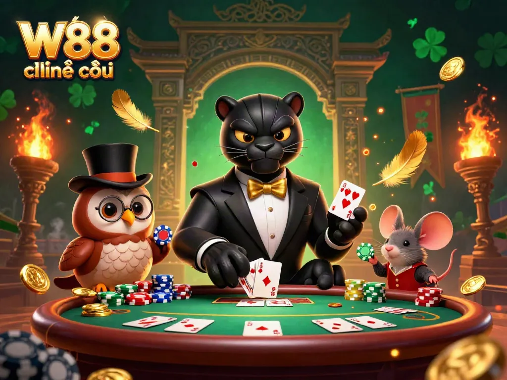 Experience the thrill of W88 chính thức with a stylish panther and friends at a vibrant poker table filled with tokens and golden elements.