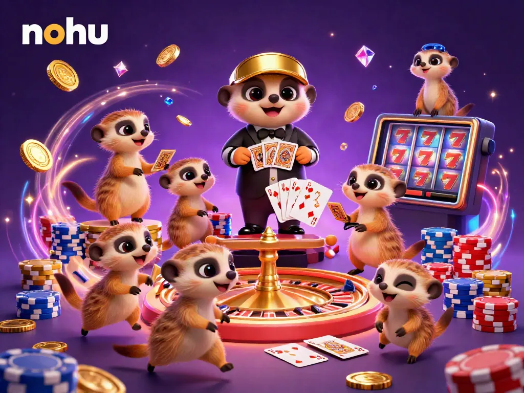 NoHu casino scene where meerkats energetically manage games, featuring golden coins and a spinning roulette wheel.