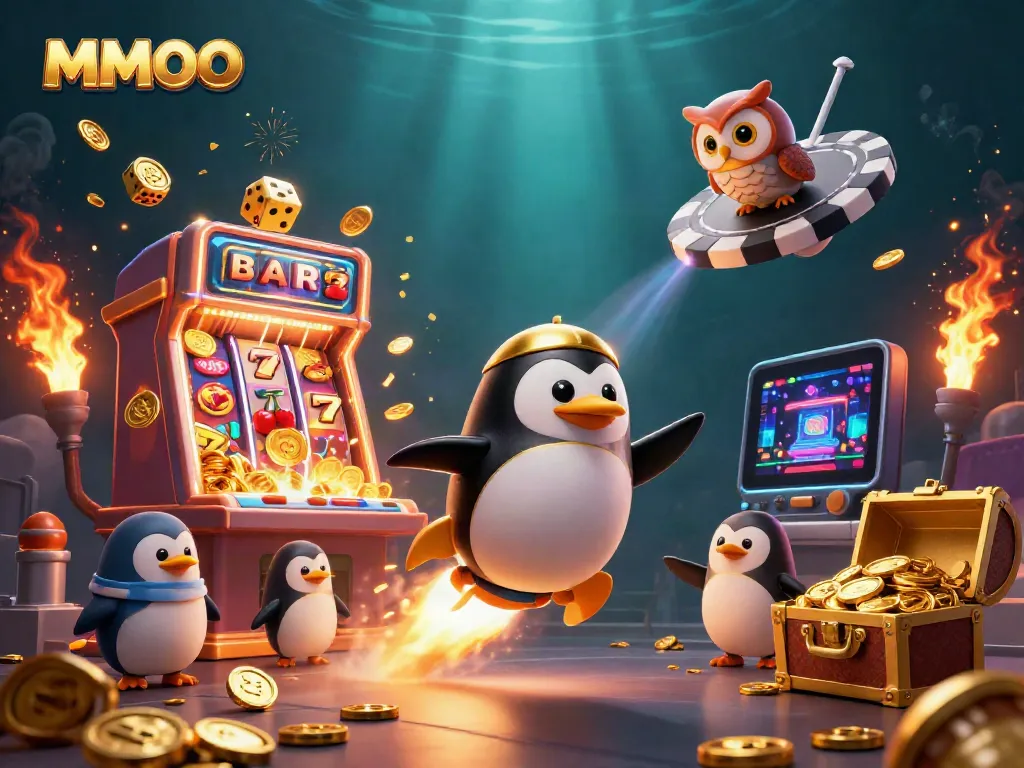 Experience MMOO with a dynamic scene of a rocket penguin pursuing a vibrant casino station amidst a jackpot explosion.