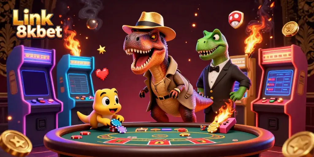 Experience the thrill of Link 8kbet with a cartoon velociraptor card counter at a lively blackjack table.