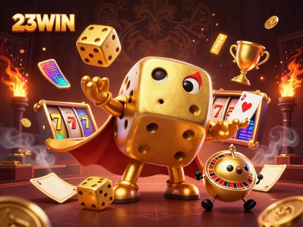 Experience 23WIN with a lively scene of golden dice and slot game elements, showcasing the thrill of online gaming.
