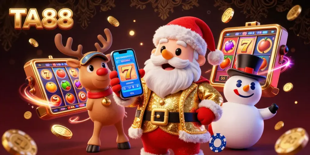 Engage with TA88's vibrant casino scene featuring Santa and friends amidst jackpot excitement