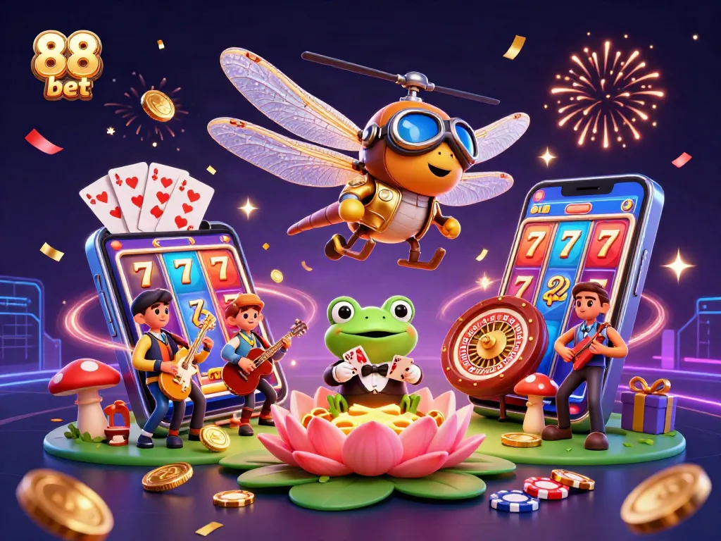 Engage with 88 bet games as a frog croupier deals cards amidst a vibrant lily pad casino.