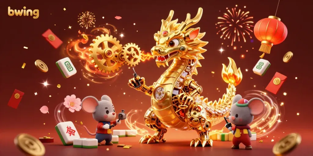 Experience thrilling action at bwing as a golden dragon breathes gears amidst festive elements and casino excitement.