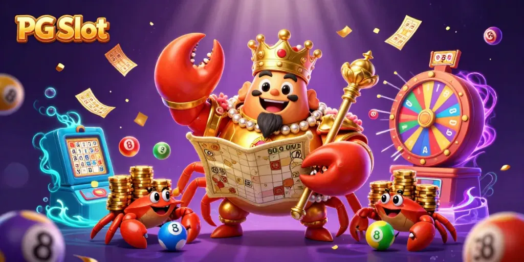Experience PG Slot gameplay with a vibrant scene featuring a golden crab emperor holding treasures and colorful game elements.
