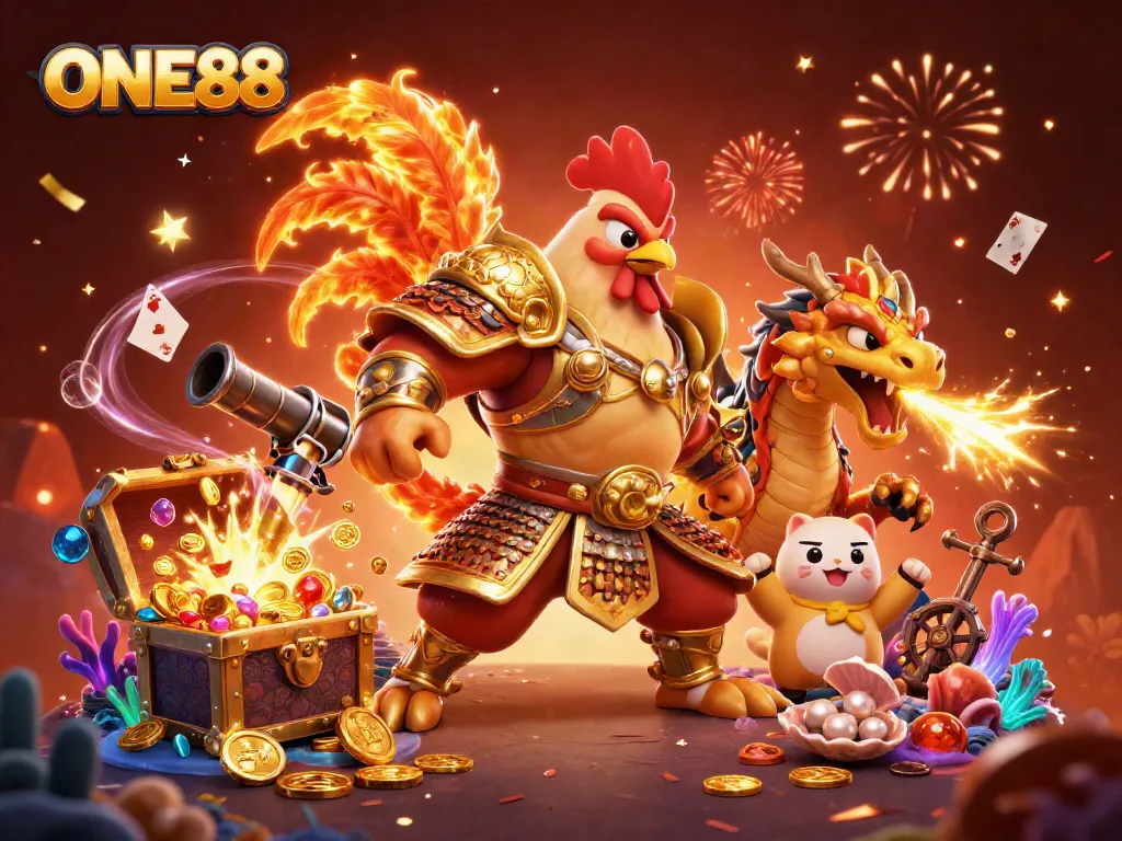 Experience the excitement of ONE88 with a vibrant 3D illustration showcasing dynamic casino elements.