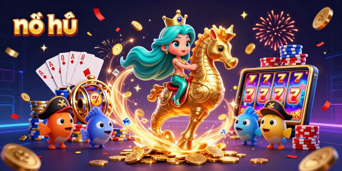 Engage in vibrant nổ hũ slot gameplay with a magical mermaid, seahorse, and treasure.