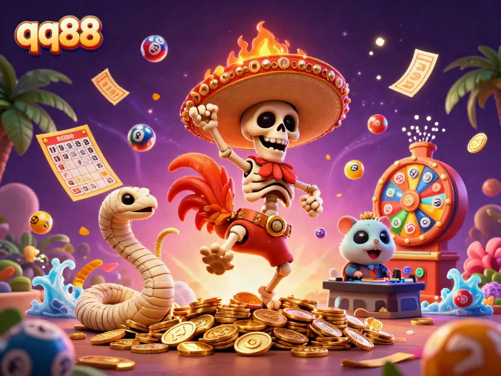 Celebrate with the qq88 winning spirit illustrated through a vibrant casino scene showcasing a mariachi rooster.